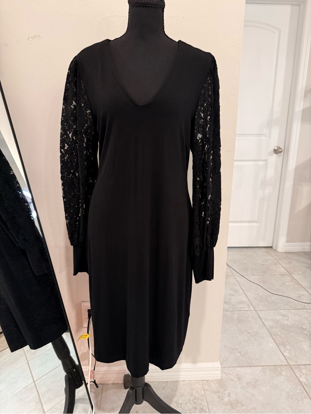 Karen Kane Black V-Neck Midi Dress with Lace Sleeves